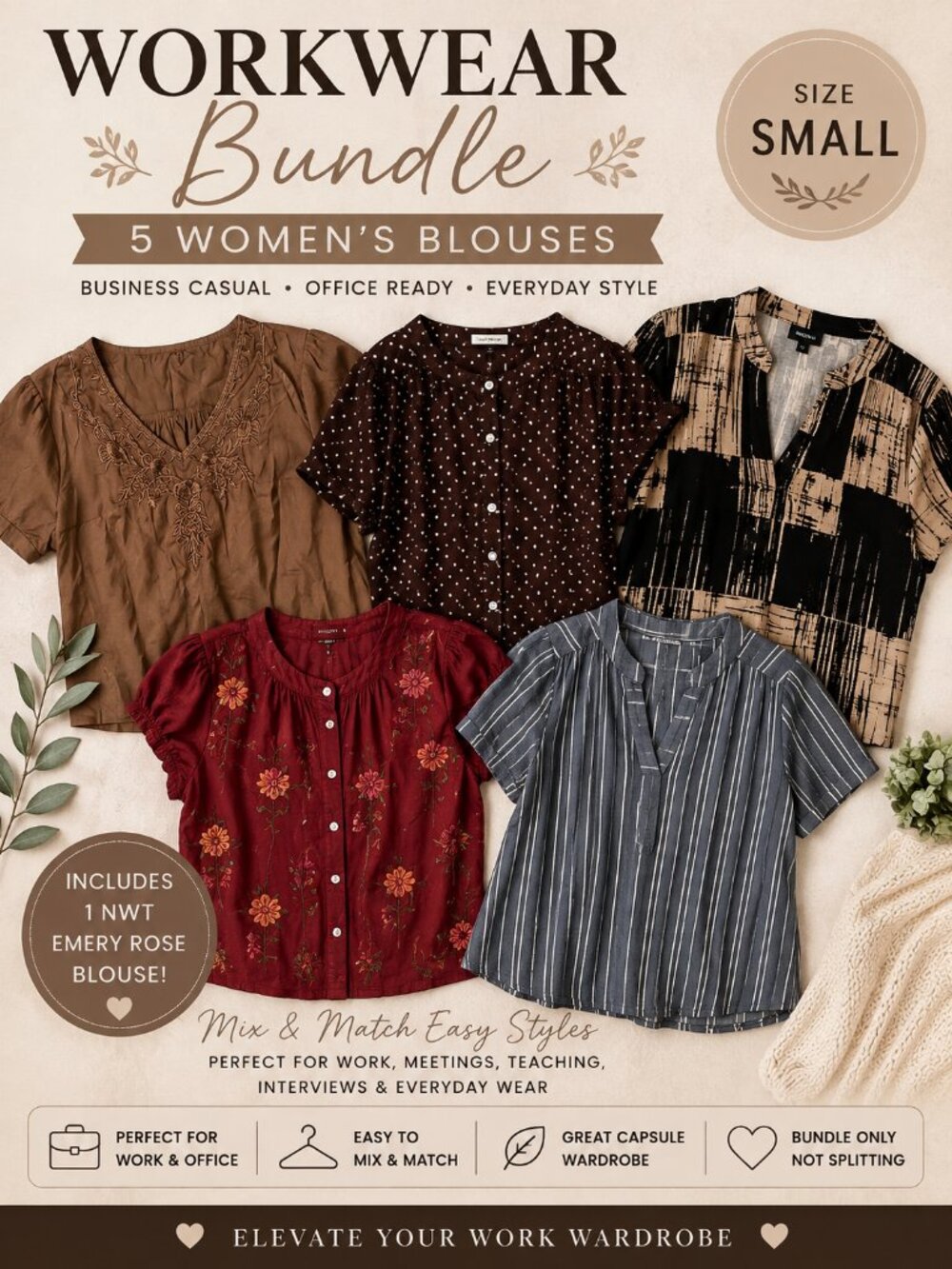 Women's Small Business Casual Blouse Bundle | 5 Tops | capsule wardrobe